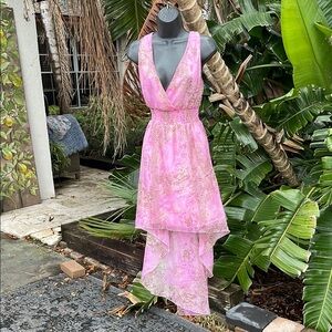 Jessica Taylor, pink animal print chiffon high low dress